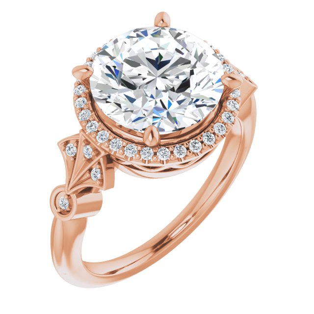 10K Rose Gold Customizable Cathedral-Crown Round Cut Design with Halo and Scalloped Side Stones