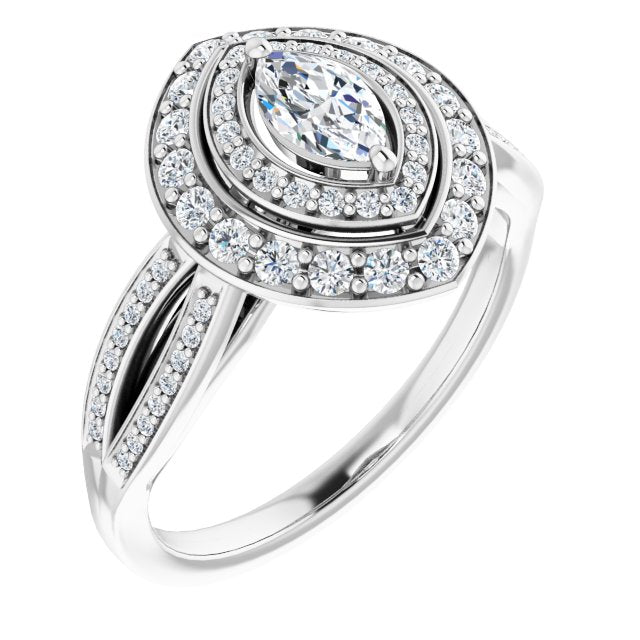 10K White Gold Customizable Cathedral-style Marquise Cut Design with Double Halo & Split-Pavé Band