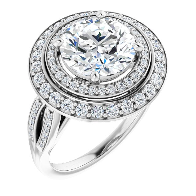 Platinum Customizable Cathedral-style Round Cut Design with Double Halo & Split-Pavé Band
