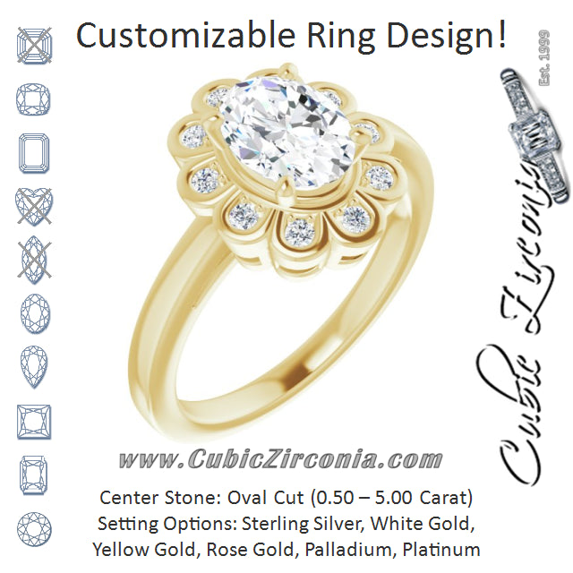 Cubic Zirconia Engagement Ring- The Mary Lou (Customizable 9-stone Oval Cut Design with Round Bezel Side Stones)