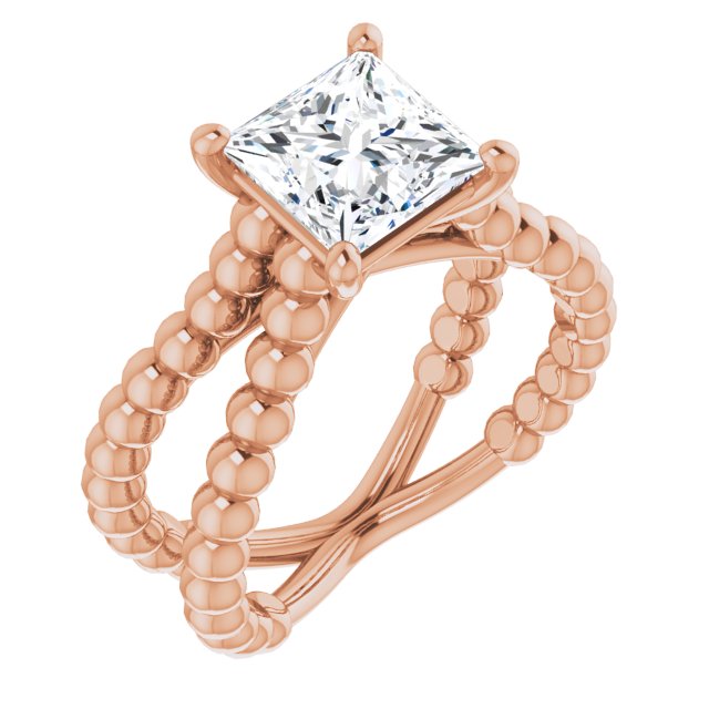 10K Rose Gold Customizable Princess/Square Cut Solitaire with Wide Beaded Split-Band