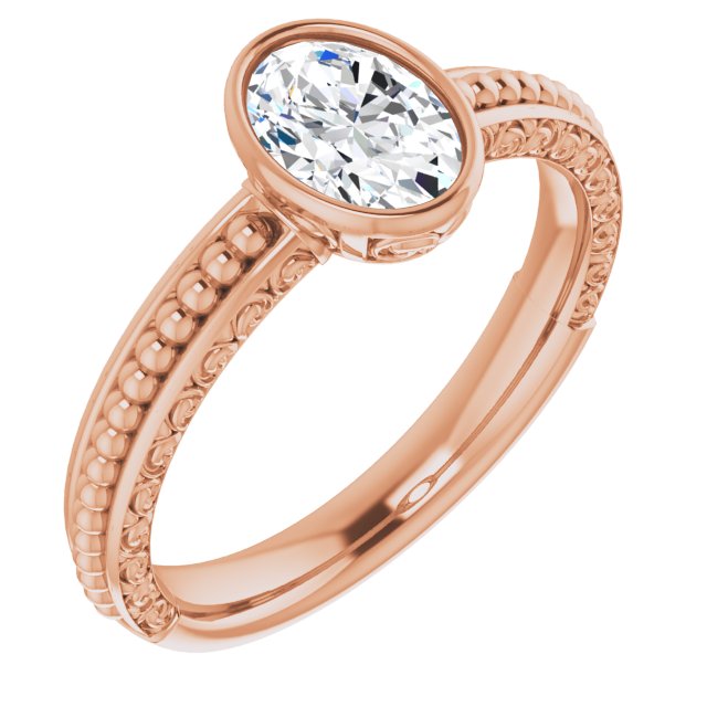 10K Rose Gold Customizable Bezel-set Oval Cut Solitaire with Beaded and Carved Three-sided Band