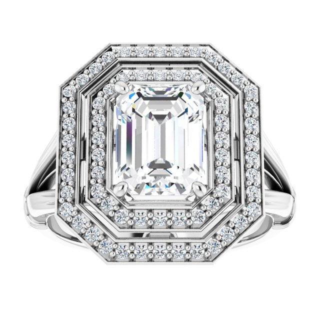 Cubic Zirconia Engagement Ring- The Cheryl (Customizable Cathedral-set Radiant Cut Design with Double Halo, Wide Split Band and Side Knuckle Accents)