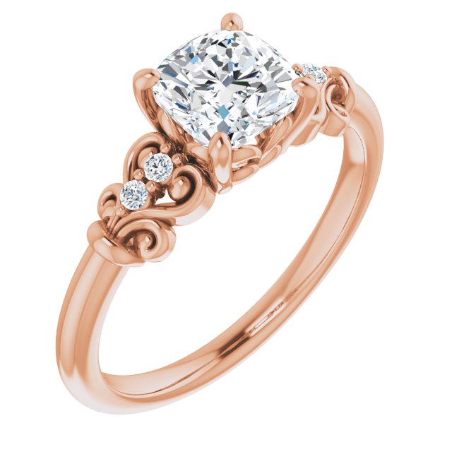 10K Rose Gold Customizable Vintage 5-stone Design with Cushion Cut Center and Artistic Band Décor