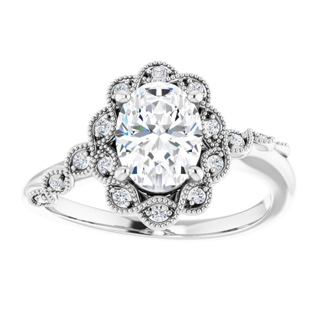 Cubic Zirconia Engagement Ring- The Makayla Belle (Customizable 3-stone Design with Oval Cut Center and Halo Enhancement)