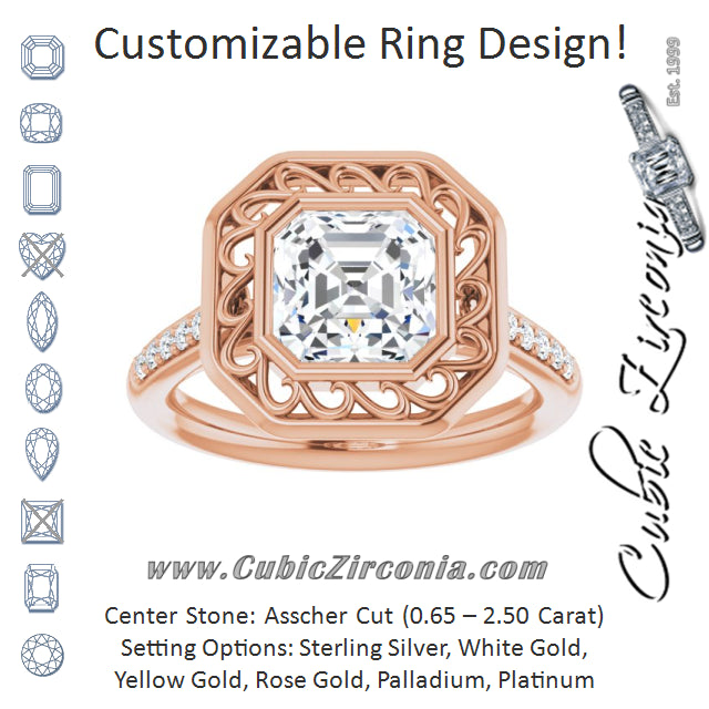 Cubic Zirconia Engagement Ring- The Hailey Belle (Customizable Cathedral-Bezel Asscher Cut Design with Floral Filigree and Thin Shared Prong Band)