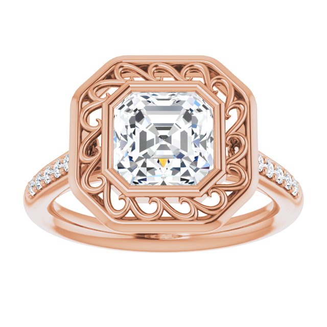 Cubic Zirconia Engagement Ring- The Hailey Belle (Customizable Cathedral-Bezel Asscher Cut Design with Floral Filigree and Thin Shared Prong Band)