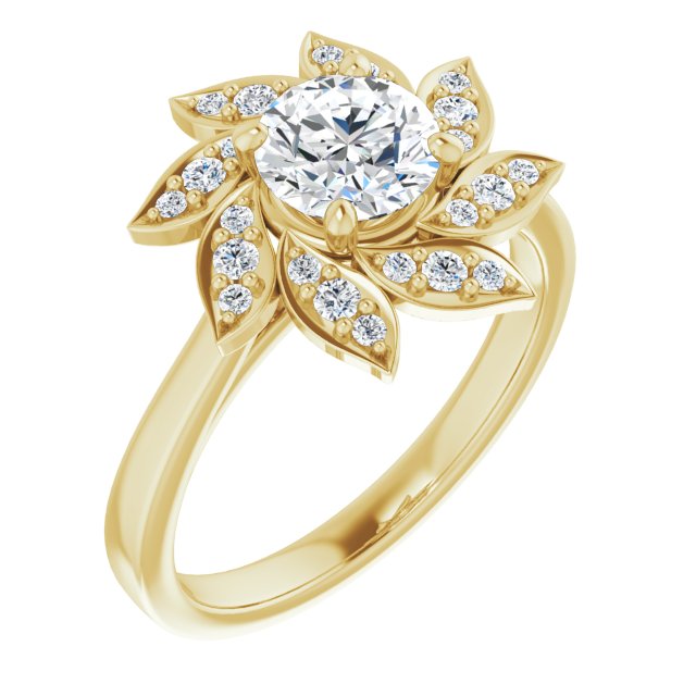 10K Yellow Gold Customizable Round Cut Design with Artisan Floral Halo