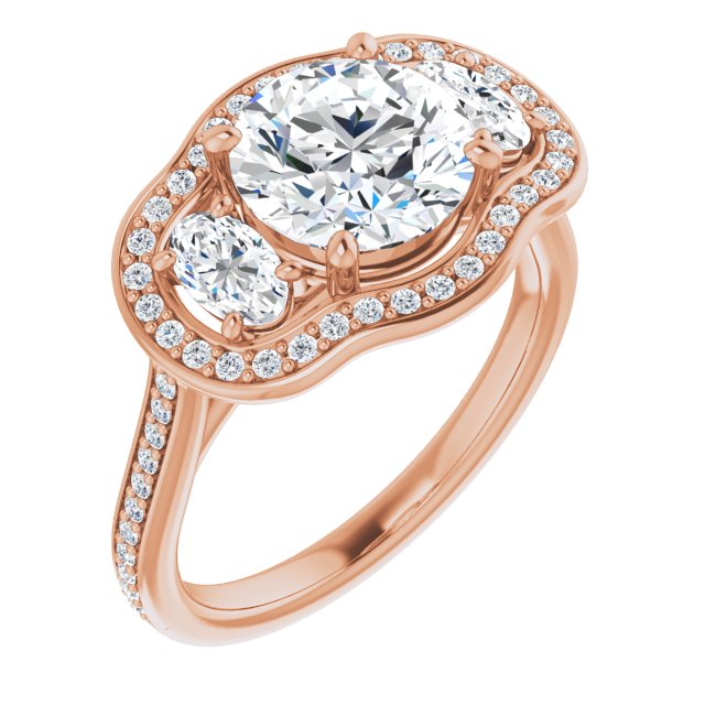 14K Rose Gold Customizable Round Cut Style with Oval Cut Accents, 3-stone Halo & Thin Shared Prong Band