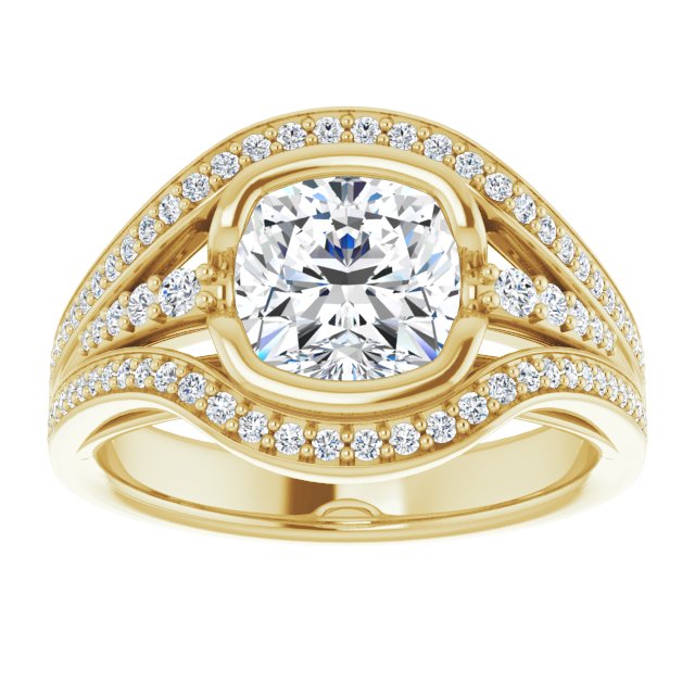 Cubic Zirconia Engagement Ring- The Paola (Customizable Cathedral-Bezel Cushion Cut Design with Wide Triple-Split-Pavé Band)