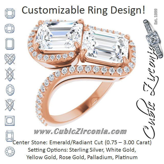 Cubic Zirconia Engagement Ring- The Anushka (Customizable Double Emerald Cut 2-Stone Style Enhanced with Accented Artisan Bypass Band)