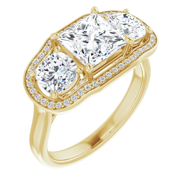 10K Yellow Gold Customizable 3-stone Design with Princess/Square Cut Center, Cushion Side Stones, Triple Halo and Bridge Under-halo