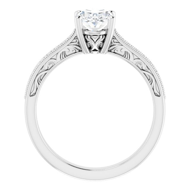 Cubic Zirconia Engagement Ring- The Lina (Customizable Oval Cut Design with Round Band Accents and Three-sided Filigree Engraving)