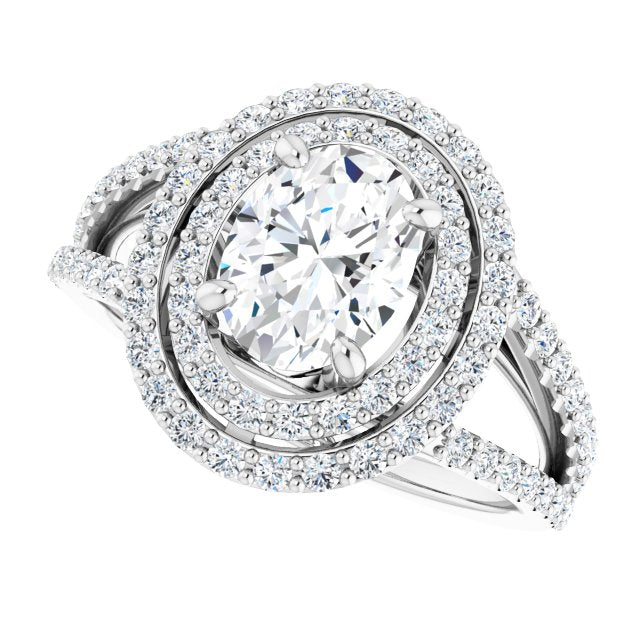 Cubic Zirconia Engagement Ring- The Carly Anne (Customizable Oval Cut Design with Double Halo and Wide Split-Pavé Band)
