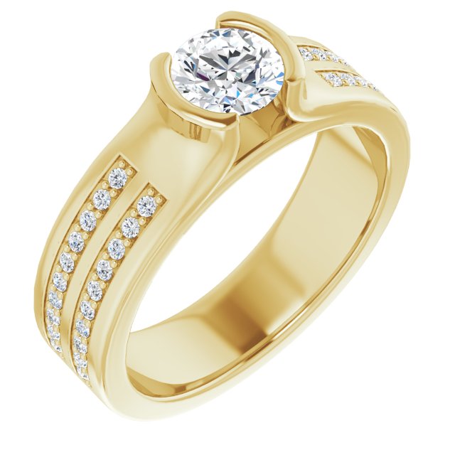 10K Yellow Gold Customizable Bezel-set Round Cut Design with Thick Band featuring Double-Row Shared Prong Accents