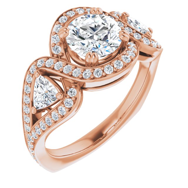10K Rose Gold Customizable Round Cut Center with Twin Trillion Accents, Twisting Shared Prong Split Band, and Halo
