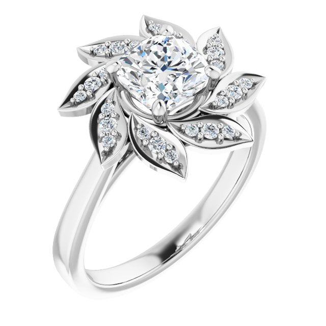 10K White Gold Customizable Cushion Cut Design with Artisan Floral Halo