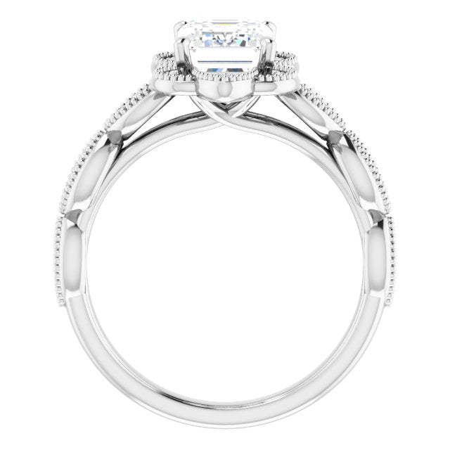 Cubic Zirconia Engagement Ring- The Huá (Customizable Cathedral-style Emerald Cut Design with Floral Segmented Halo & Milgrain+Accents Band)