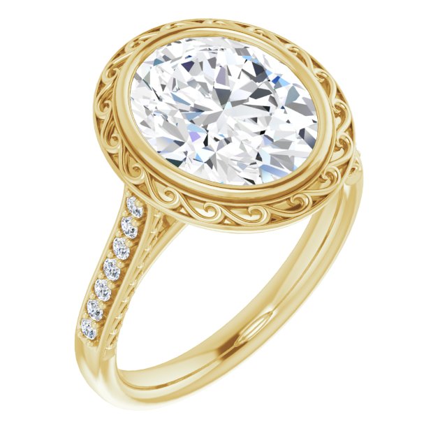 10K Yellow Gold Customizable Cathedral-Bezel Oval Cut Design featuring Accented Band with Filigree Inlay