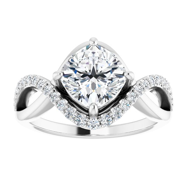 Cubic Zirconia Engagement Ring- The Kwan Lee (Customizable Cushion Cut Design with Semi-Accented Twisting Infinity Bypass Split Band and Half-Halo)
