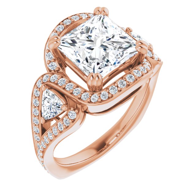 10K Rose Gold Customizable Princess/Square Cut Center with Twin Trillion Accents, Twisting Shared Prong Split Band, and Halo