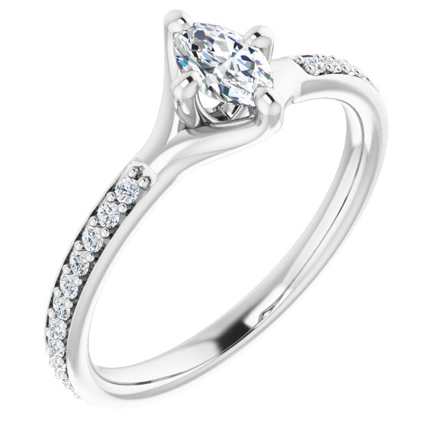 10K White Gold Customizable Marquise Cut Design featuring Thin Band and Shared-Prong Round Accents