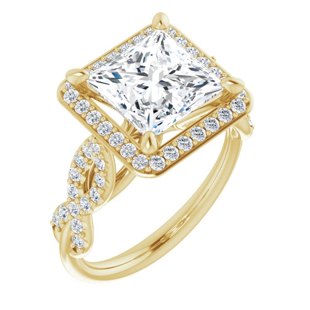 10K Yellow Gold Customizable Cathedral-Halo Princess/Square Cut Design with Artisan Infinity-inspired Twisting Pavé Band