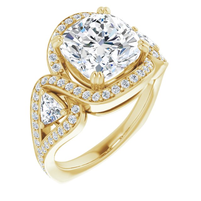 18K Yellow Gold Customizable Cushion Cut Center with Twin Trillion Accents, Twisting Shared Prong Split Band, and Halo