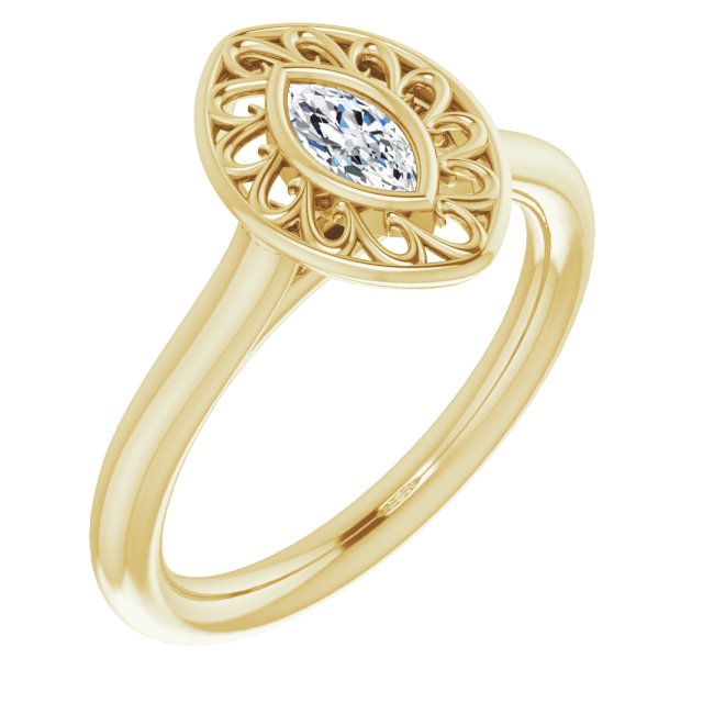 10K Yellow Gold Customizable Cathedral-Bezel Style Marquise Cut Solitaire with Flowery Filigree