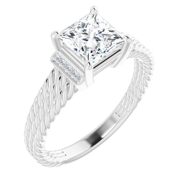 10K White Gold Customizable 11-stone Design featuring Princess/Square Cut Center, Vertical Round-Channel Accents & Wide Triple-Rope Band