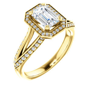 Cubic Zirconia Engagement Ring- The Loren (Customizable Emerald Cut Halo Design featuring Three-sided Twisting Pavé Split Band)