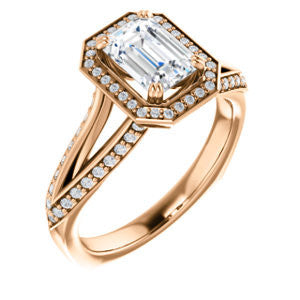 Cubic Zirconia Engagement Ring- The Loren (Customizable Emerald Cut Halo Design featuring Three-sided Twisting Pavé Split Band)