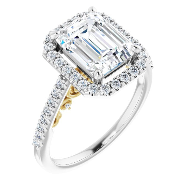 14K White & Yellow Gold Customizable Cathedral-Halo Emerald/Radiant Cut Design with Carved Metal Accent plus Pavé Band