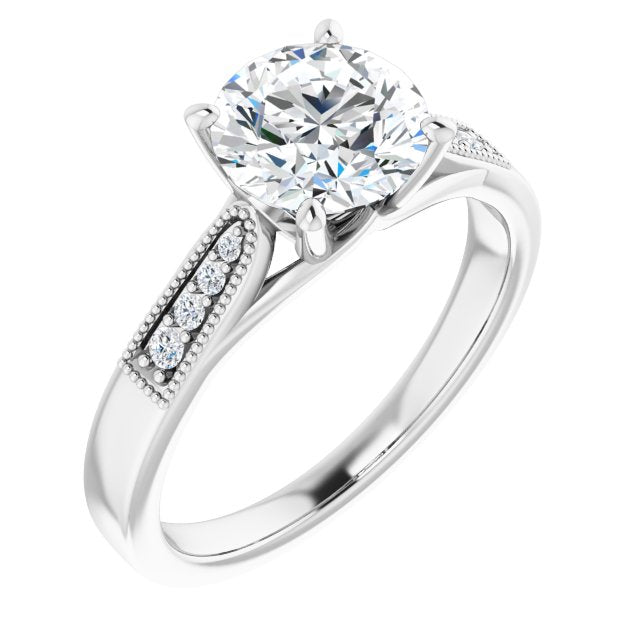 10K White Gold Customizable 9-stone Vintage Design with Round Cut Center and Round Band Accents