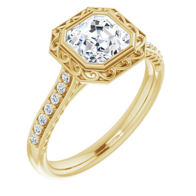 10K Yellow Gold Customizable Cathedral-Bezel Asscher Cut Design featuring Accented Band with Filigree Inlay