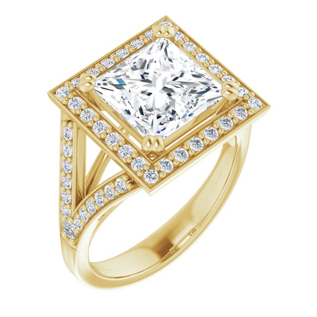 10K Yellow Gold Customizable Cathedral-set Princess/Square Cut Style with Accented Split Band and Halo