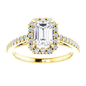 Cubic Zirconia Engagement Ring- The Sunshine (Customizable Emerald Cut Halo Design with Vintage Cathedral Trellis and Thin Pavé Band)