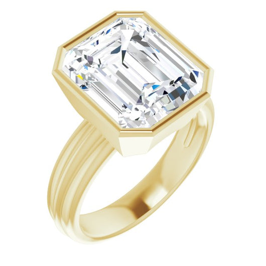 10K Yellow Gold Customizable Bezel-set Emerald/Radiant Cut Solitaire with Grooved Band
