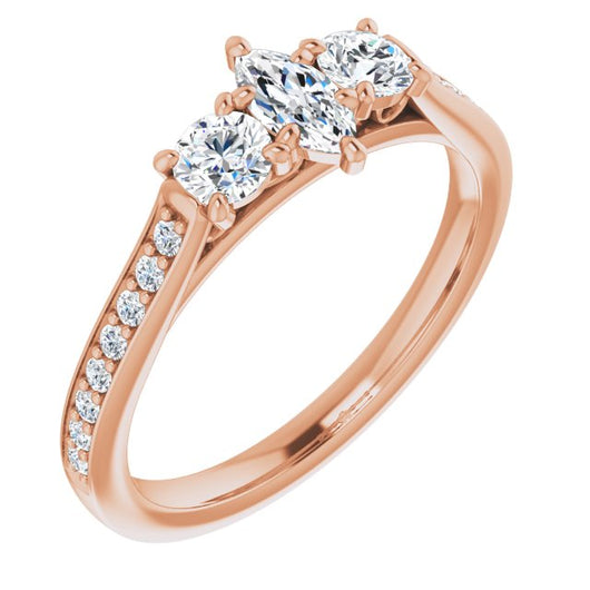 10K Rose Gold Customizable Marquise Cut Cathedral Setting with Filigree Design and Shared Prong Band