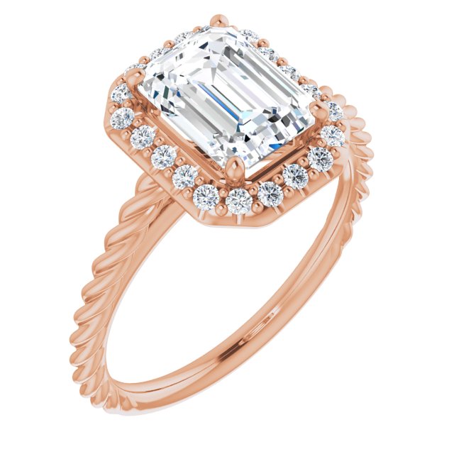 Cubic Zirconia Engagement Ring- The Shiori (Customizable Cathedral-set Emerald Cut Design with Halo and Twisty Rope Band)