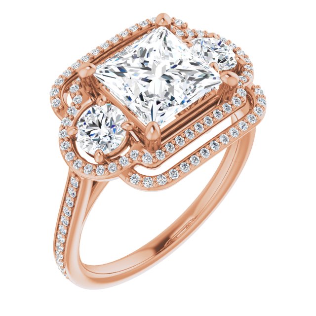 10K Rose Gold Customizable Enhanced 3-stone Double-Halo Style with Princess/Square Cut Center and Thin Band
