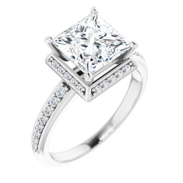 Cubic Zirconia Engagement Ring- The Gwen Noelle (Customizable Princess/Square Cut Design with Geometric Under-Halo and Shared Prong Band)