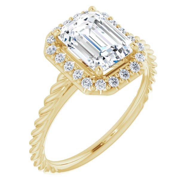 Cubic Zirconia Engagement Ring- The Shiori (Customizable Cathedral-set Emerald Cut Design with Halo and Twisty Rope Band)
