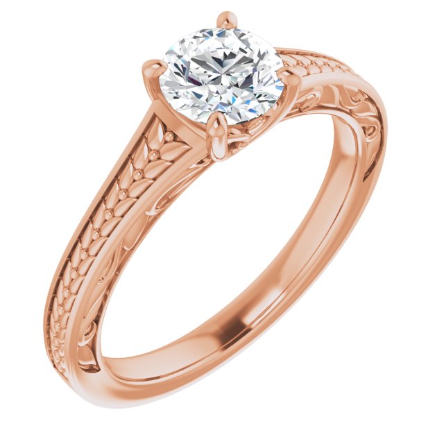 10K Rose Gold Customizable Round Cut Solitaire with Organic Textured Band and Decorative Prong Basket