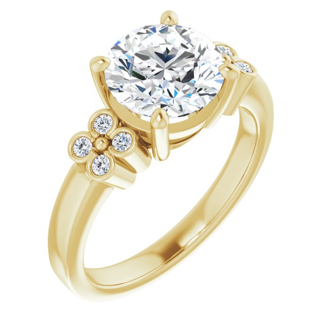 18K Yellow Gold Customizable 9-stone Design with Round Cut Center and Complementary Quad Bezel-Accent Sets