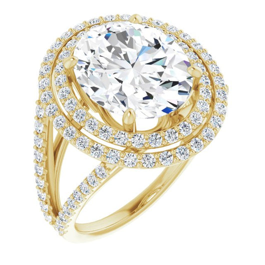 10K Yellow Gold Customizable Oval Cut Design with Double Halo and Wide Split-Pavé Band