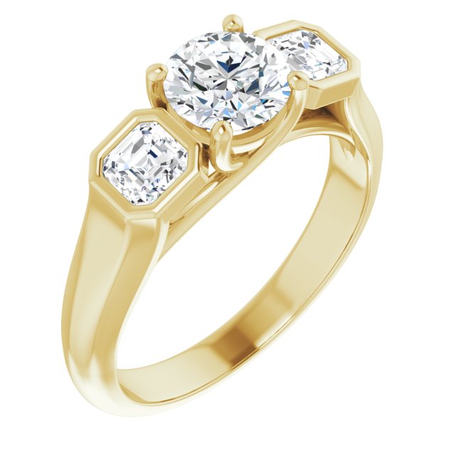 10K Yellow Gold Customizable 3-stone Cathedral Round Cut Design with Twin Asscher Cut Side Stones