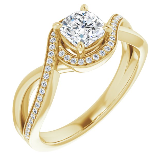 10K Yellow Gold Customizable Bypass-Halo-Accented Cushion Cut Center with Twisting Split Shared Prong Band