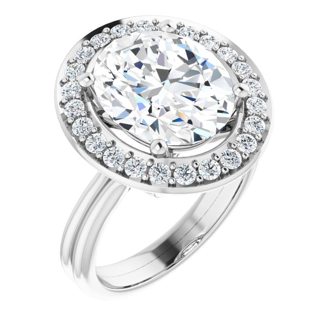 10K White Gold Customizable Cluster-Halo Accented Oval Cut Style with Tapered Dual Band