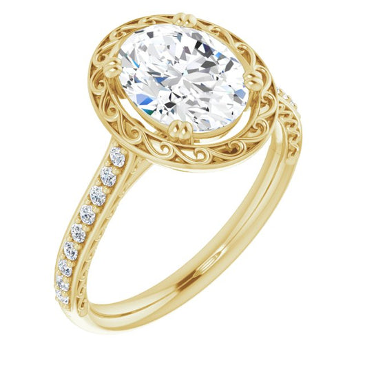 10K Yellow Gold Customizable Oval Cut Halo Design with Filigree and Accented Band